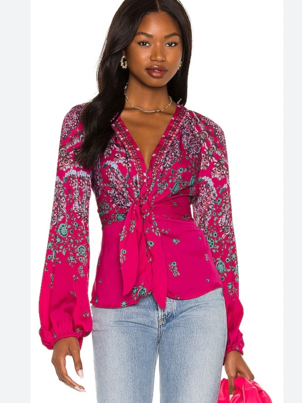 Free People Run Free tunic blouse in a pink combo floral pattern